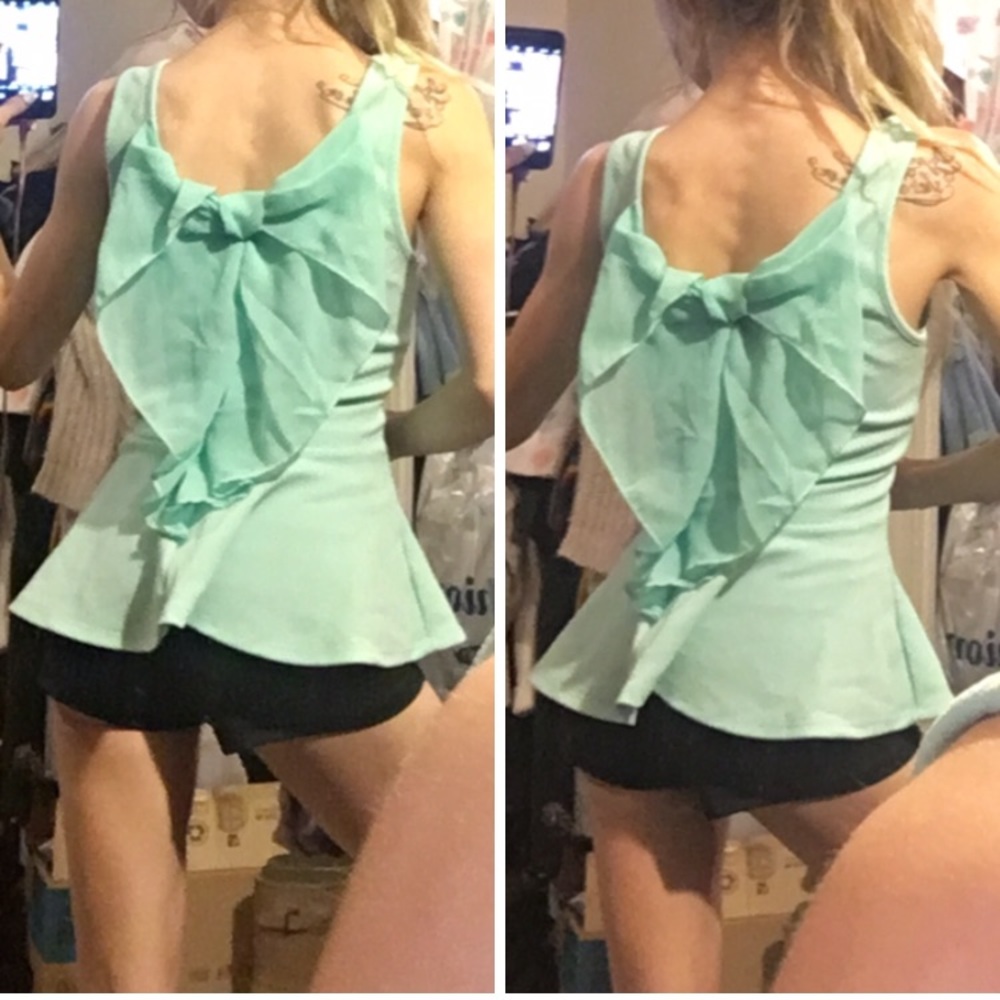 Persaya teal tank top with large bow on back